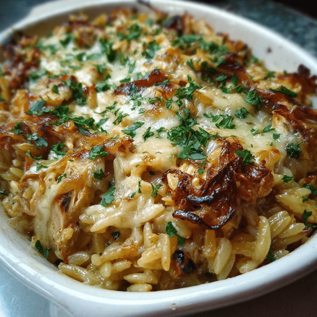 French Onion Chicken Orzo Casserole