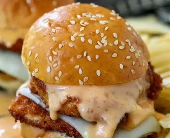 Plate of Bang Bang Chicken Sliders topped with sauces and garnishes