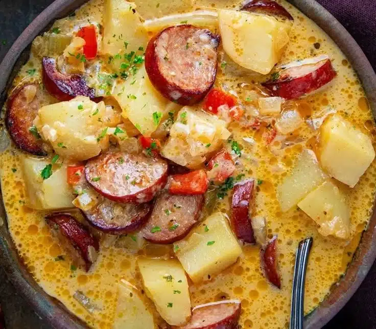 Bowl of delicious Cajun Potato Soup with spices and potato chunks