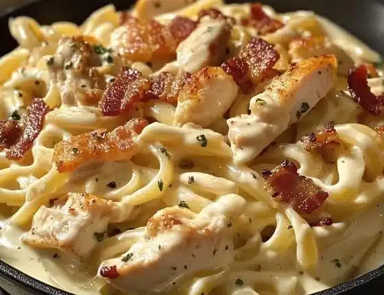 Delicious Chicken Bacon Ranch Pasta served in a bowl garnished with fresh parsley