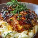 Chipotle Honey Chicken thighs served with smoked gouda mashed potatoes