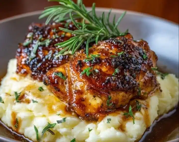 Chipotle Honey Chicken thighs served with smoked gouda mashed potatoes