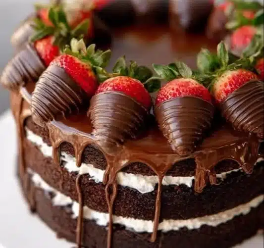 Delicious Chocolate Covered Strawberry Cake topped with fresh strawberries