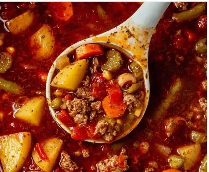 Bowl of hearty Cowboy Soup with beef, beans, and vegetables