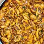 Creamy beef and shells recipe with pasta and savory beef in a rich sauce