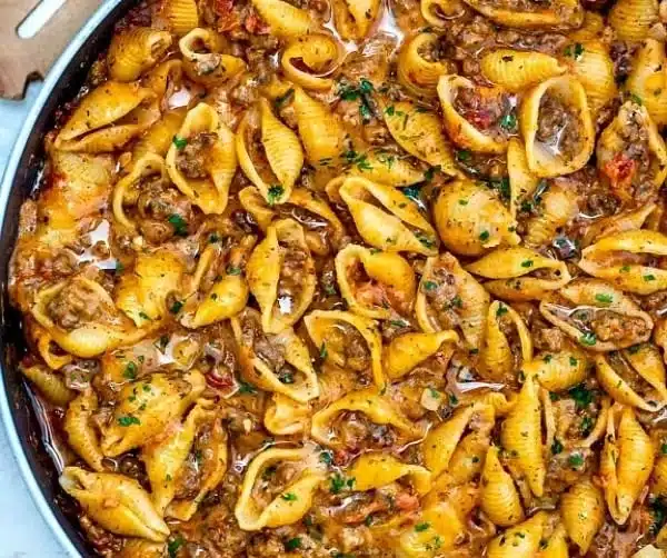 Creamy beef and shells recipe with pasta and savory beef in a rich sauce