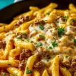 Creamy high protein beef pasta dish served in a bowl with herbs on top.