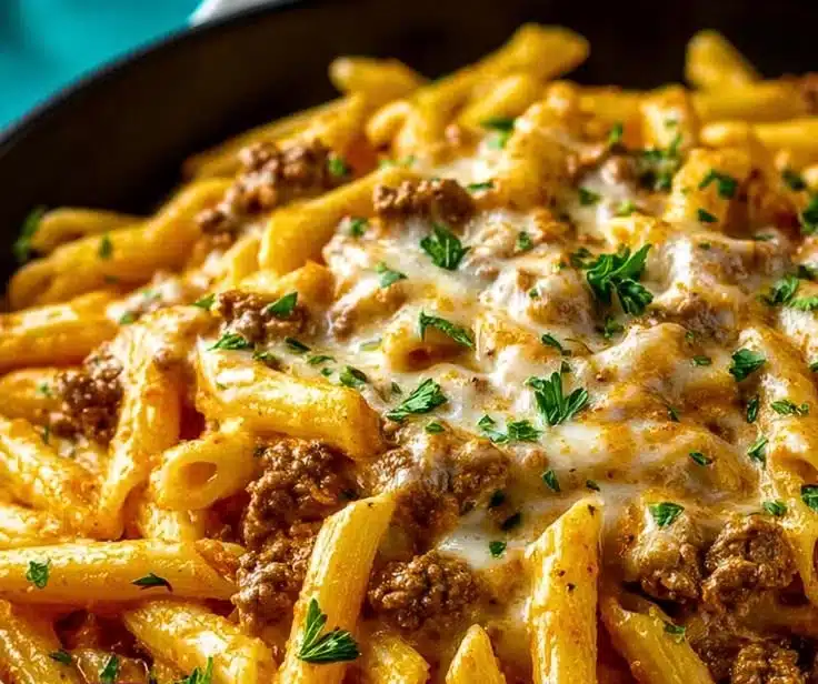 Creamy high protein beef pasta dish served in a bowl with herbs on top.