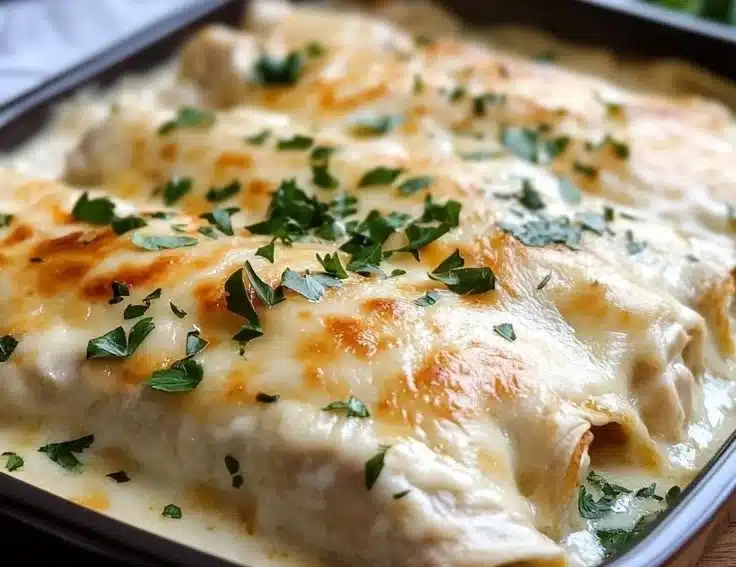 Creamy white chicken enchiladas topped with cheese and sauce