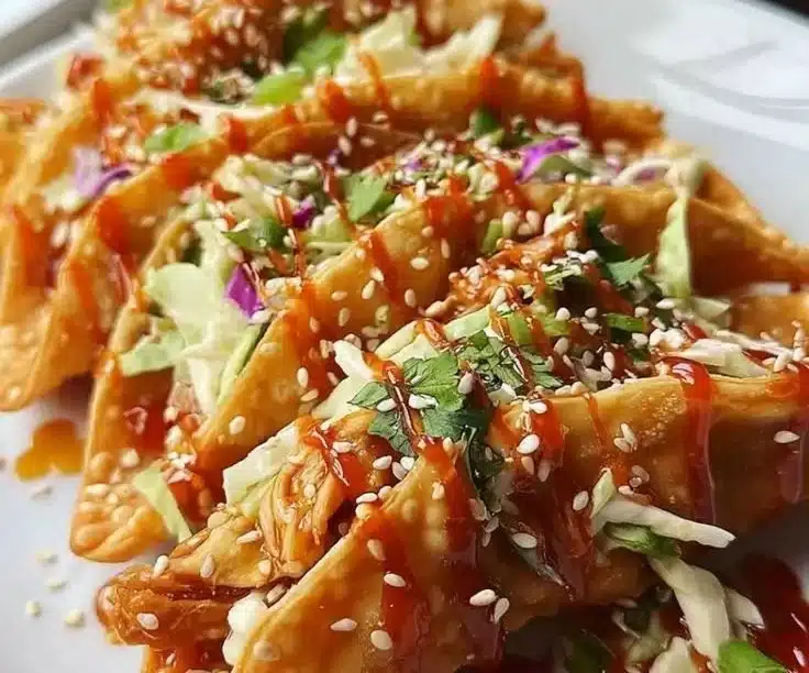Crispy chicken wonton tacos served with fresh toppings on a plate
