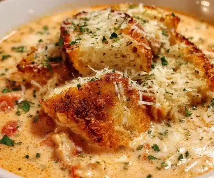 Creamy chicken parmesan soup in a crock pot, garnished with fresh basil and parmesan cheese.