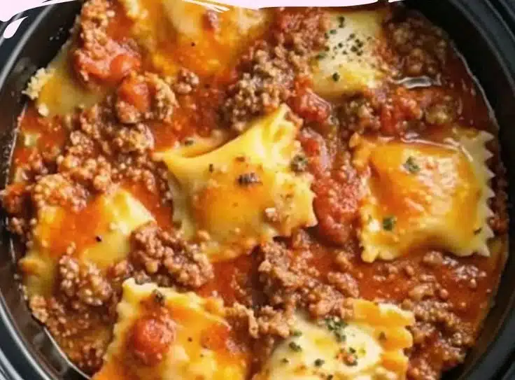 Delicious Crockpot Ravioli Lasagna served in a comforting dish