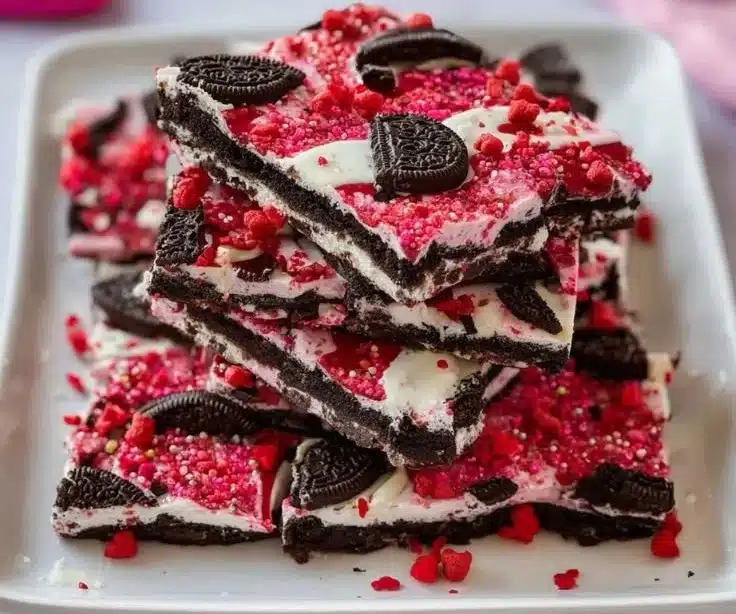 Valentines Oreo Bark decorated with pink and red chocolate, perfect for Valentine's Day.
