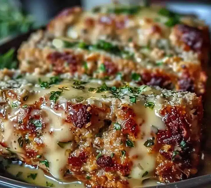 Garlic Parmesan Chicken meatloaf topped with herbs and cheese