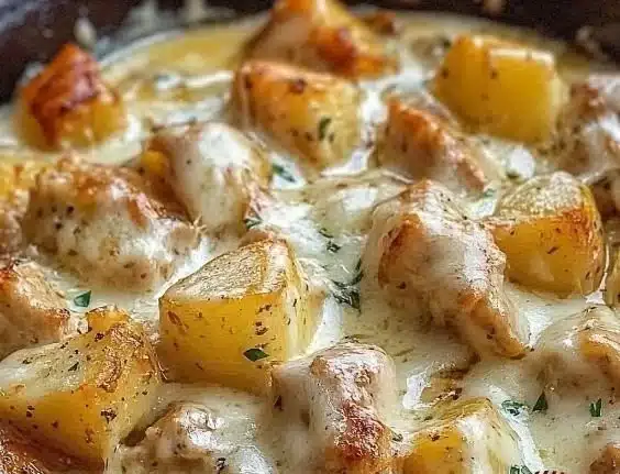 Delicious Garlic Parmesan Chicken cooked in a crockpot with potatoes