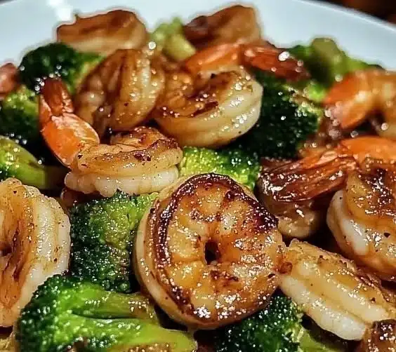 Plate of high-protein honey garlic shrimp garnished with herbs