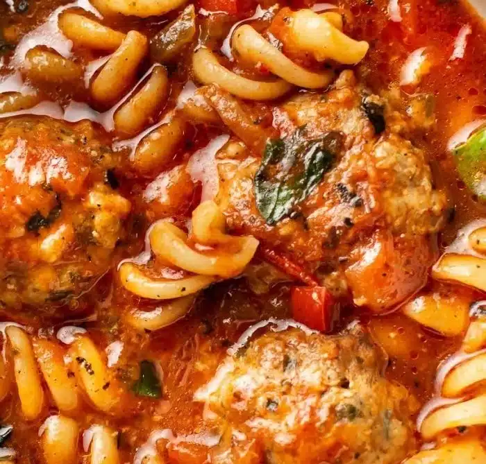 Delicious bowl of Italian meatball soup with fresh herbs and vegetables