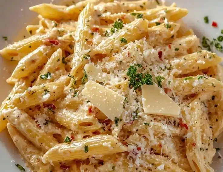 One pot creamy garlic pasta served in a bowl with garlic and herbs