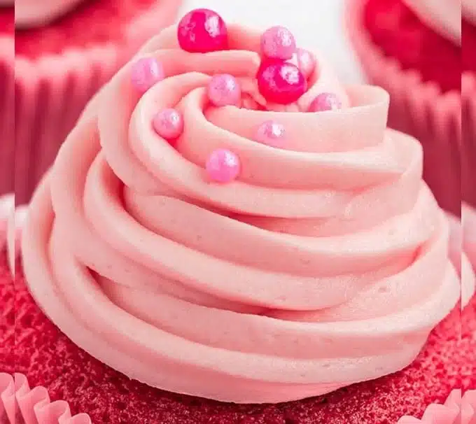 Delicious homemade Pink Velvet Cupcakes with cream cheese frosting
