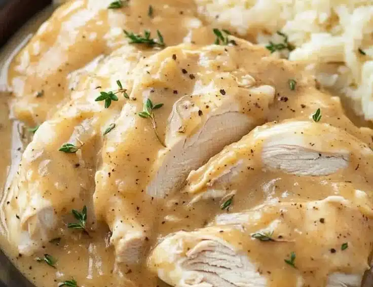 Delicious slow cooker chicken and gravy served with mashed potatoes