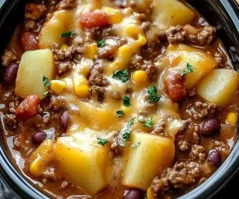 Delicious slow cooker cowboy casserole with ground beef, beans, and corn.
