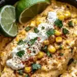 Slow Cooker Street Corn Chicken served in a bowl with fresh toppings