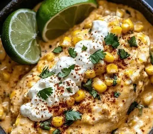 Slow Cooker Street Corn Chicken served in a bowl with fresh toppings