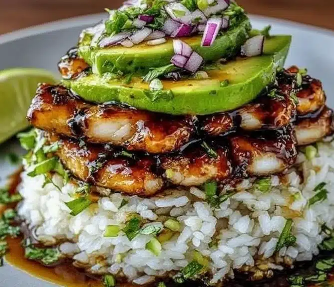 Tangy Honey Lime Chicken with Avocado Rice Stack