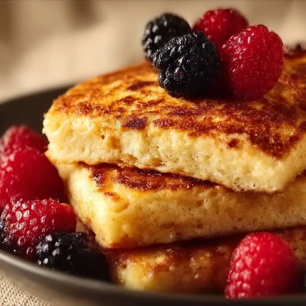 Fluffy sheet pan pancakes served on a table with syrup and berries