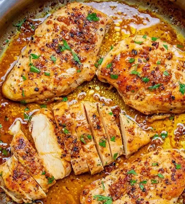 15-Minute Honey Mustard Chicken Skillet served with vegetables in a frying pan