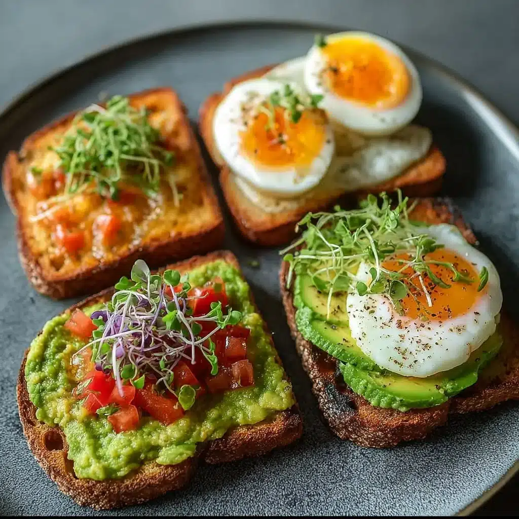 Plate of avocado toast with various healthy toppings