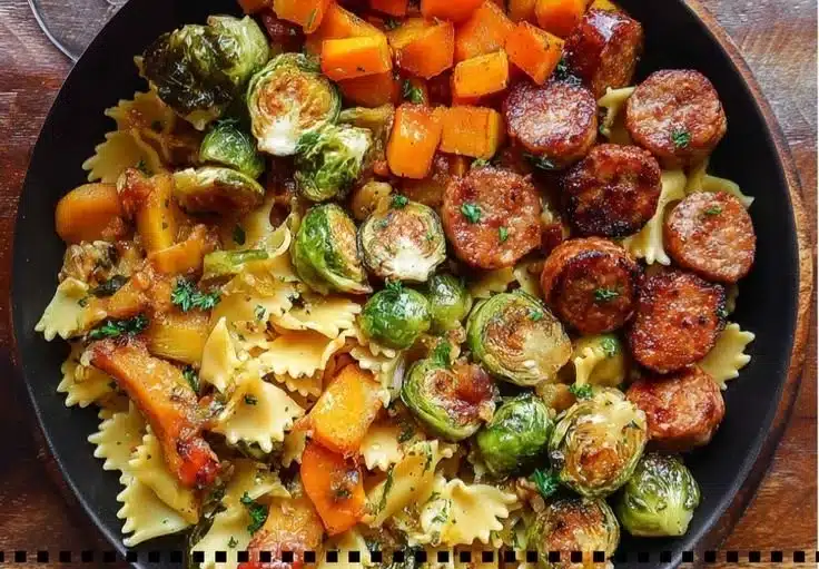 Autumn Dinner with Sausage, Pasta, Brussels Sprouts, and Butternut Squash