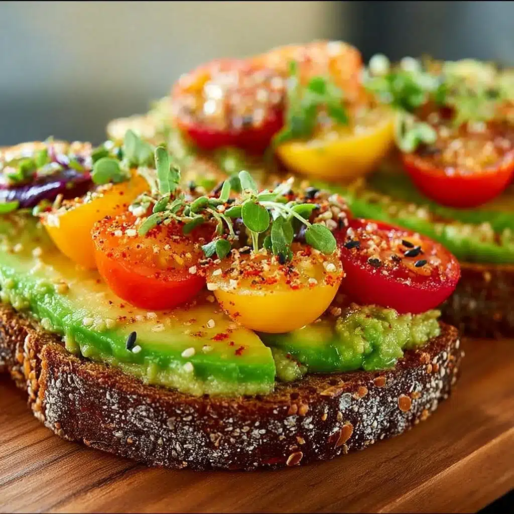 Delicious avocado toast topped with seeds on rustic bread