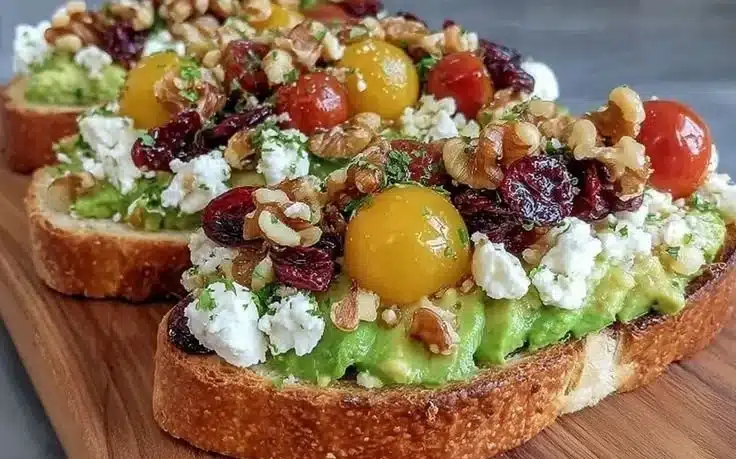 Avocado Toast with Feta, Cherry Tomatoes, Cranberries, and Walnuts