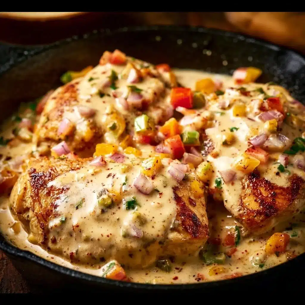 A plate of delicious baked queso chicken with melted cheese and herbs.