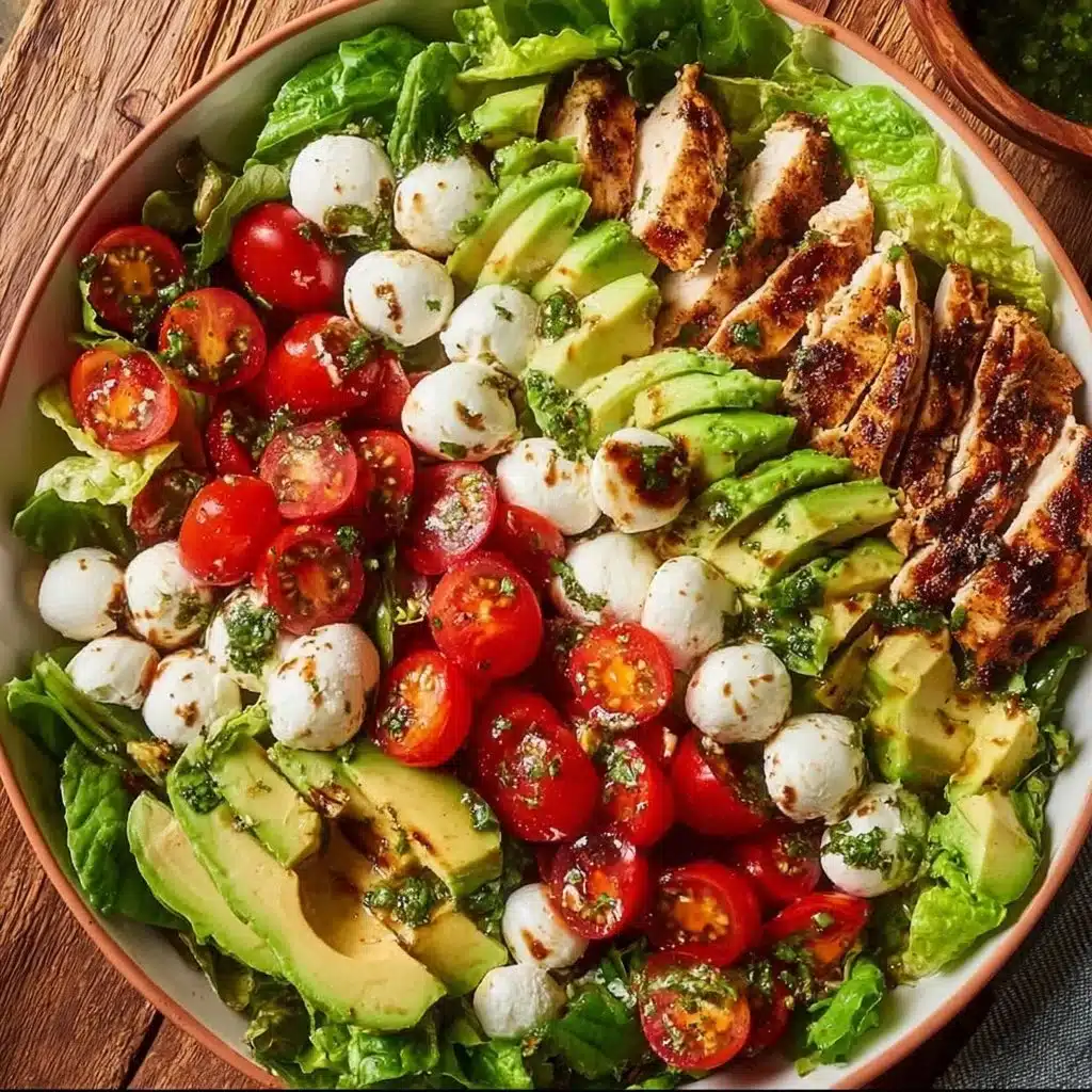 Balsamic Chicken Salad with avocado and Caprese ingredients garnished with fresh herbs.