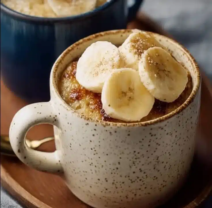 Delicious banana mug cake topped with banana slices and chocolate chips