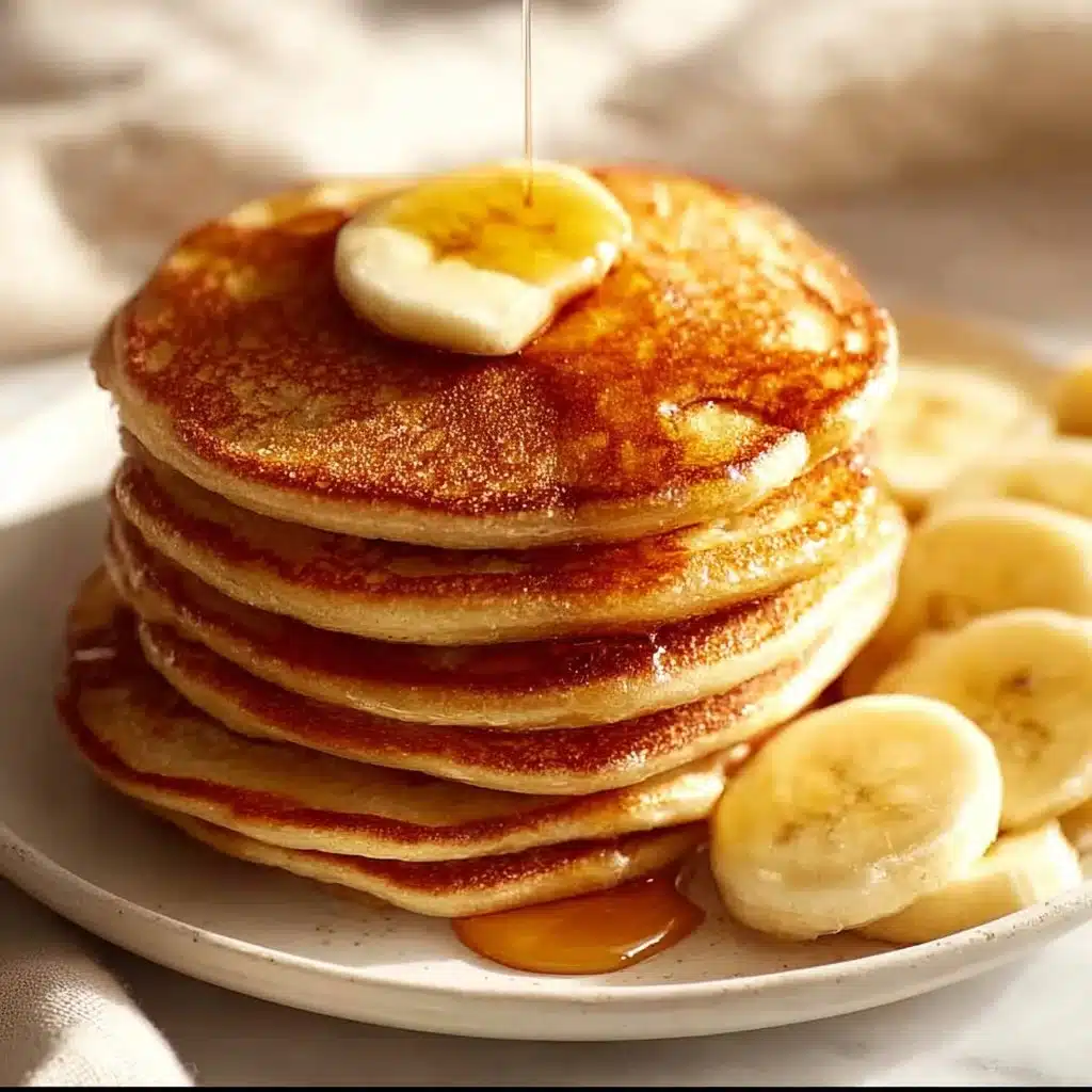 Delicious stack of fluffy banana pancakes topped with syrup and banana slices.