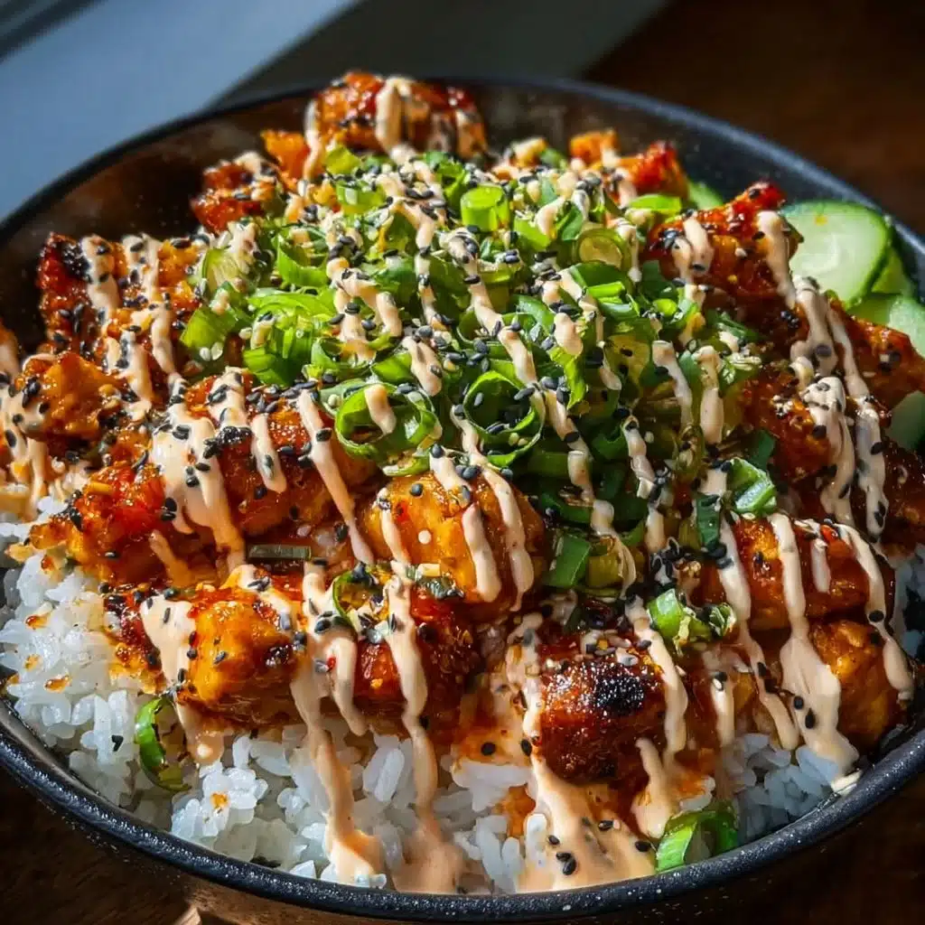Bang Bang Chicken Bowl with crispy chicken, spicy sauce, and colorful vegetables