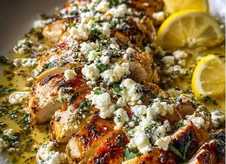 Delicious Greek chicken with lemon and feta served on a plate