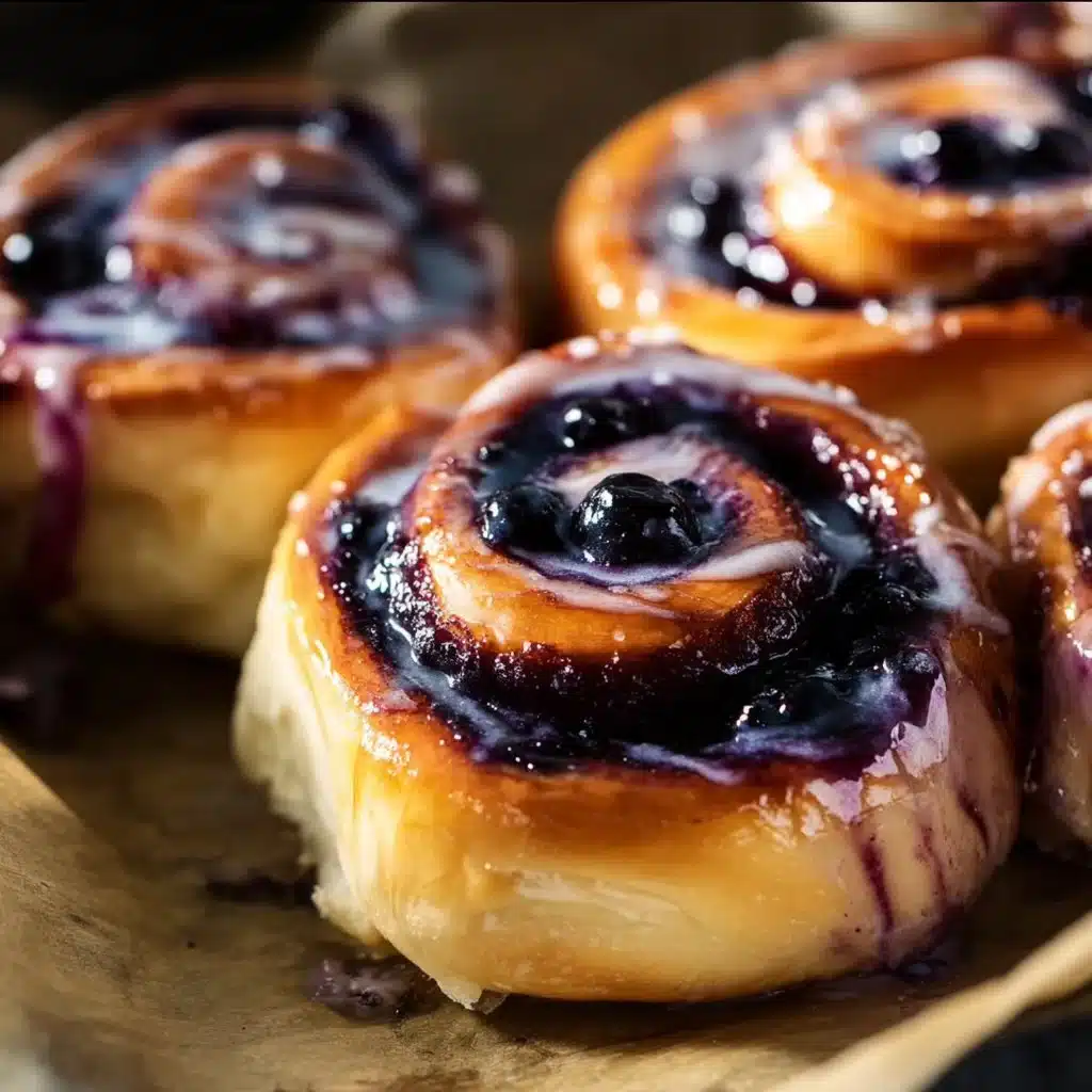Freshly baked blueberry cinnamon rolls topped with icing on a wooden table.