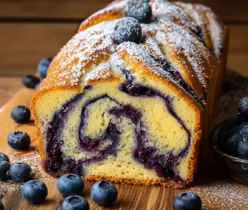 Sliced blueberry cream cheese bread on a wooden cutting board.
