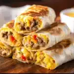 Delicious breakfast burritos filled with eggs, beans, and fresh toppings