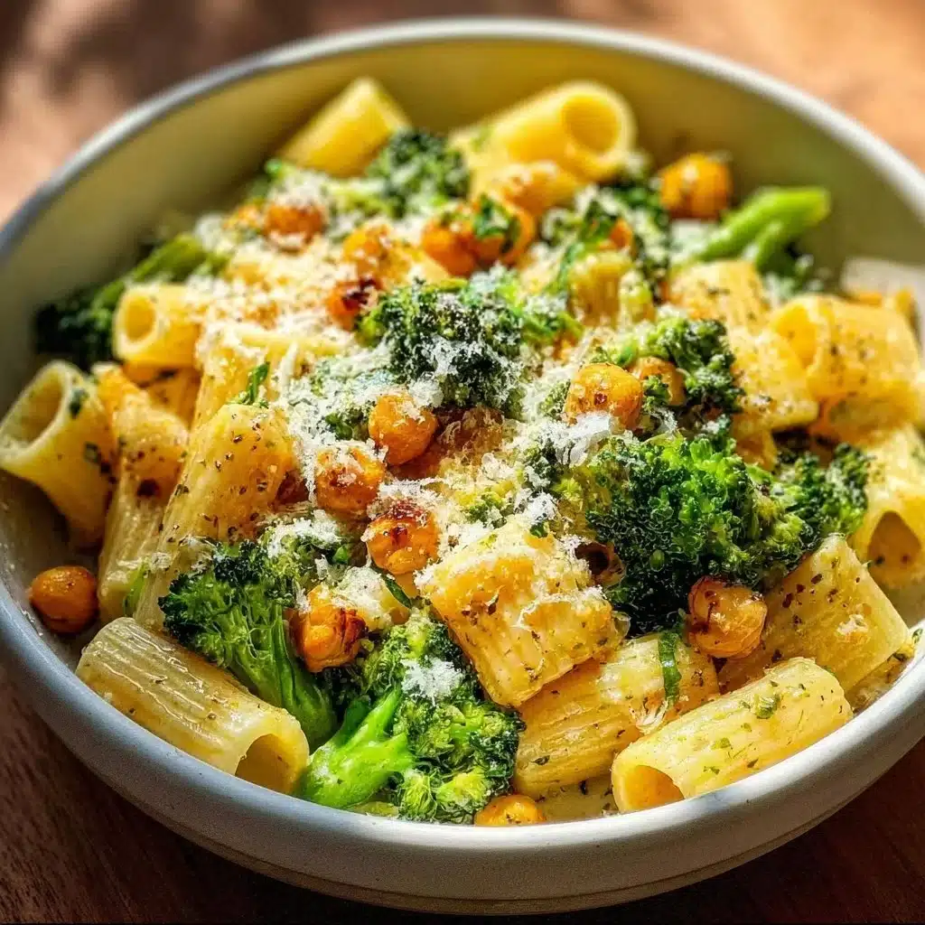 Plate of Broccoli Chickpea Pasta drizzled with Garlic Olive Oil