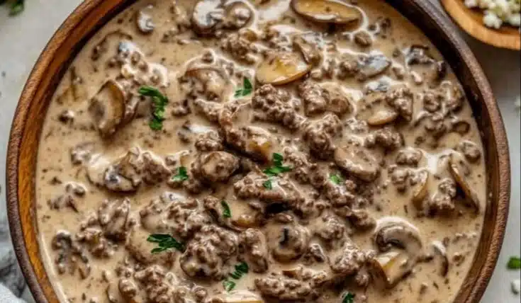 A delicious plate of budget-friendly keto beef stroganoff served with low-carb noodles.
