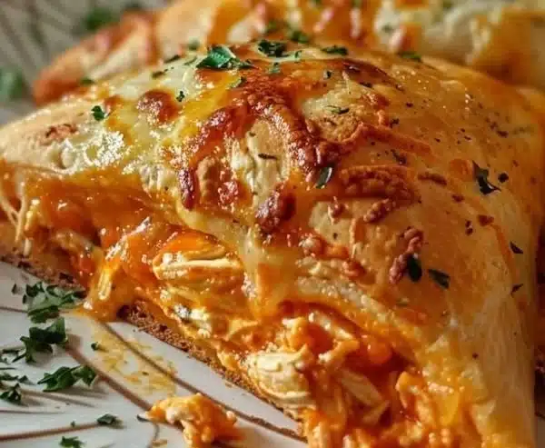 Buffalo Chicken Calzones fresh out of the oven with melted cheese and spicy filling