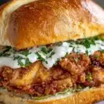 Cajun crispy chicken sandwich with garlic aioli on a plate.