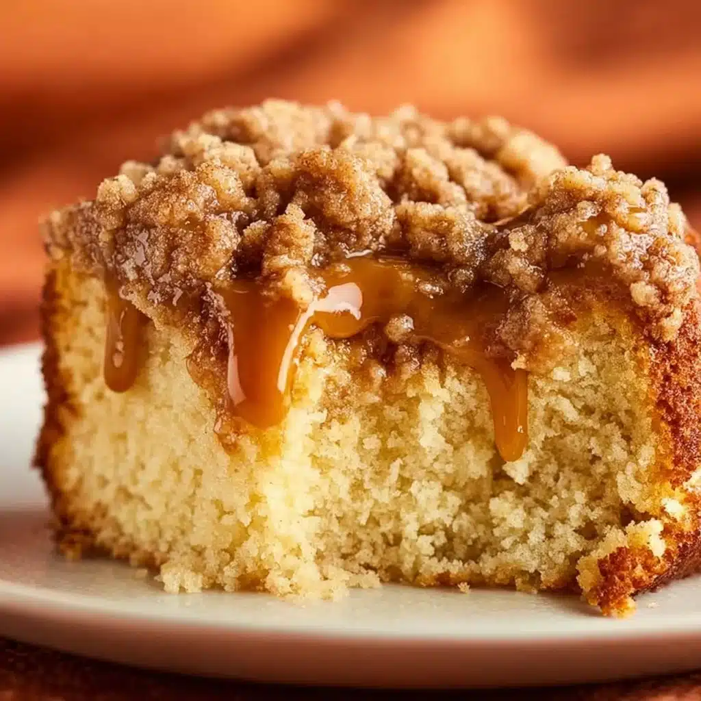 Slice of caramel coffee cake topped with caramel drizzle and pecans