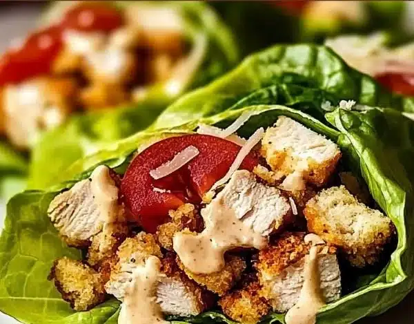 Chicken Caesar Salad Lettuce Wraps with grilled chicken and romaine lettuce