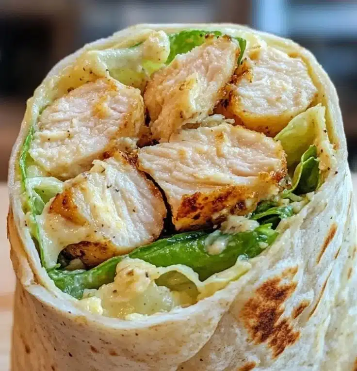 A tasty Chicken Caesar Salad Wrap filled with grilled chicken, romaine lettuce, and Caesar dressing.